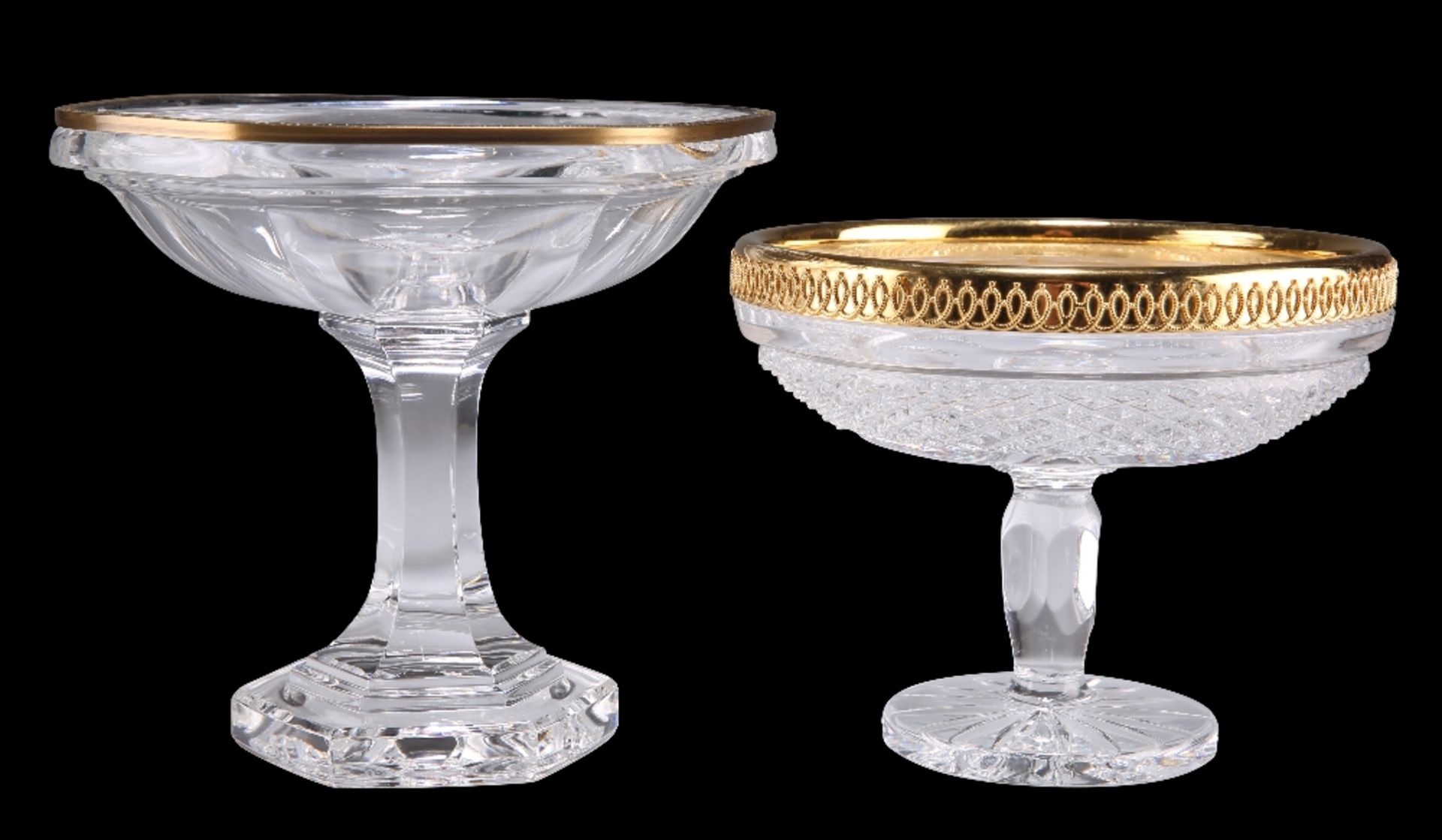 A GILT-METAL MOUNTED GLASS TAZZA, the faceted shallow bowl raised on a stepped hexagonal foot and