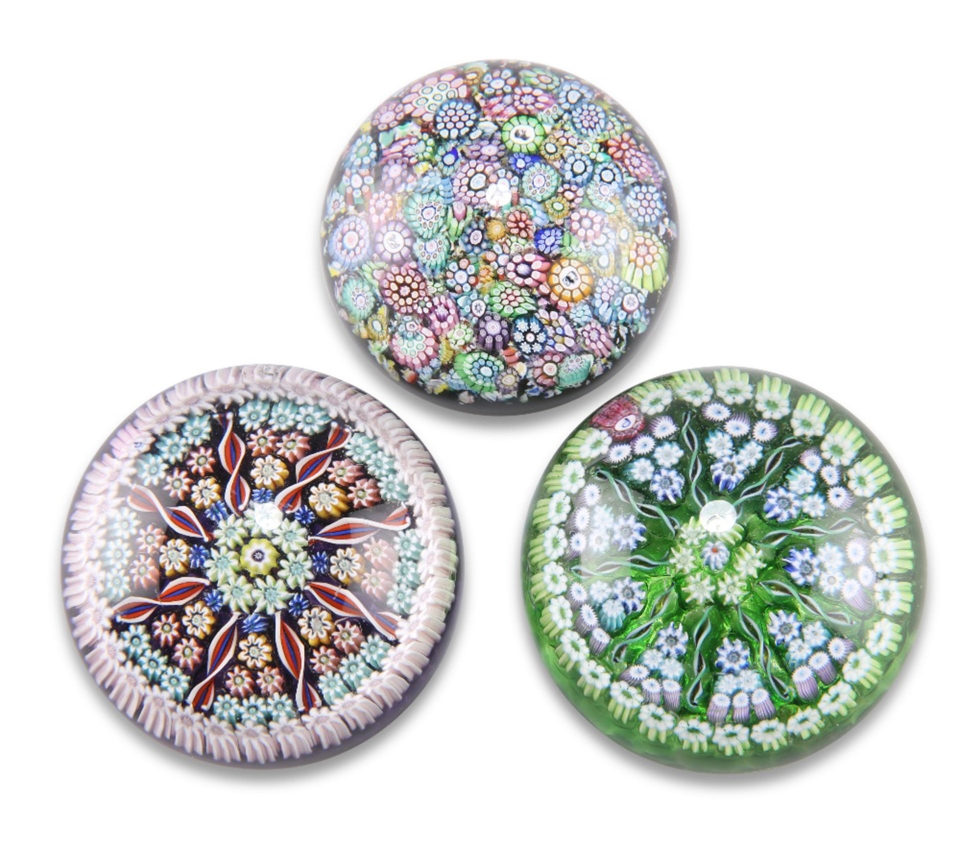 THREE PERTHSHIRE MILLEFIORI PAPERWEIGHTS, comprising one tightly packed with millefiori canes and