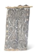 A BARK PAINTING, POSSIBLY PAPUA NEW GUINEA. 128cm high, 77cm wide (overall)