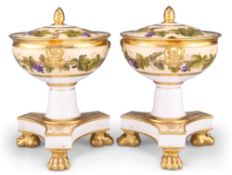 A PAIR OF EARLY 19TH CENTURY ENGLISH PORCELAIN PEDESTAL TUREENS, POSSIBLY SWANSEA CHINA WORKS,ÿthe