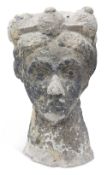 A RECONSTITUTED STONE SCULPTURE OF A CROWNED FEMALE HEAD, purported to be Queen Anne. Approx. 33cm