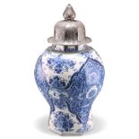 A LARGE 18TH CENTURY DUTCH DELFT BLUE AND WHITE VASE, inverted baluster form with octagonal neck rim