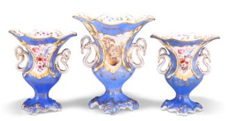 A GARNITURE OF THREE 19TH CENTURY ENGLISH PORCELAIN TWO HANDLED VASES, of baluster form with