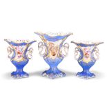 A GARNITURE OF THREE 19TH CENTURY ENGLISH PORCELAIN TWO HANDLED VASES, of baluster form with