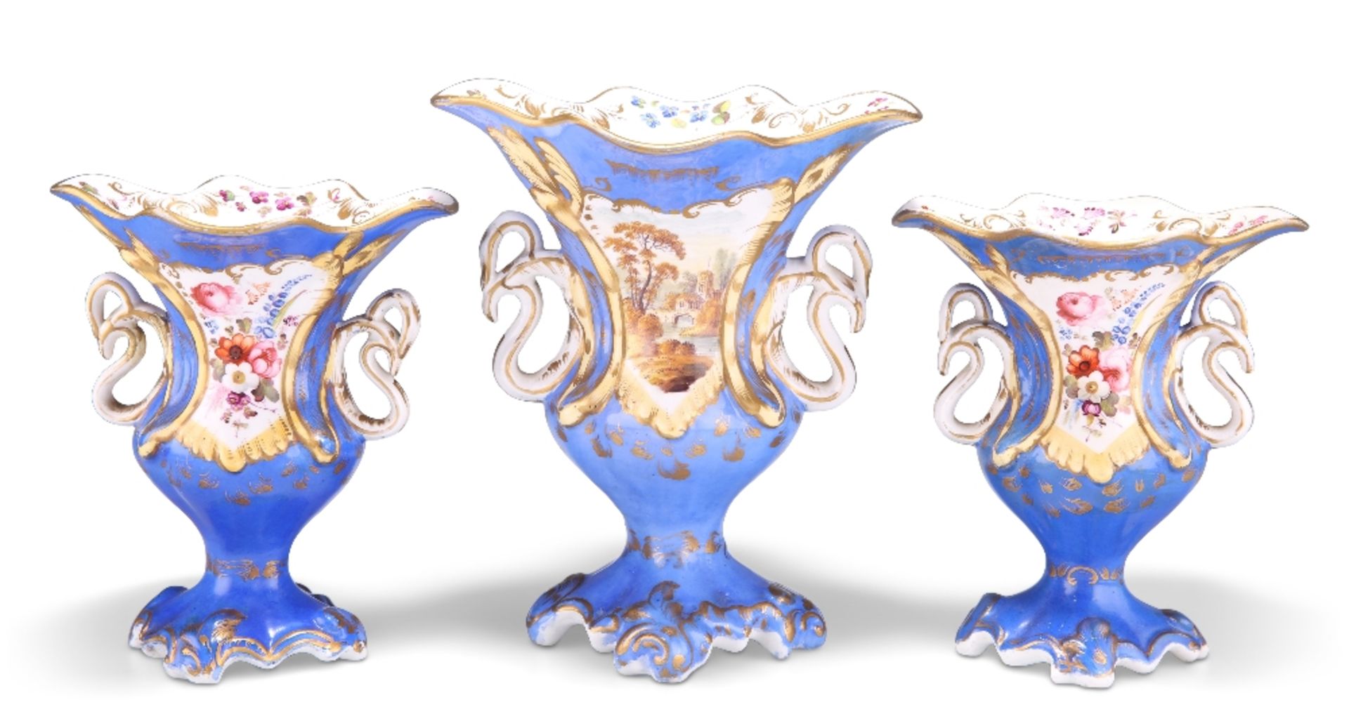 A GARNITURE OF THREE 19TH CENTURY ENGLISH PORCELAIN TWO HANDLED VASES, of baluster form with