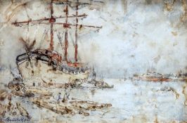 EVERT MOLL (DUTCH, 1875-1955), SHIPS IN HARBOUR, signed lower left, watercolour, framed. 10cm by