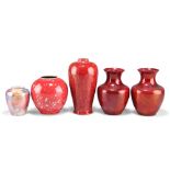 FIVE VASES, comprisingÿA PAIR OF FRAUNFELTER USA RED LUSTRE VASES,ÿof baluster form with trumpet