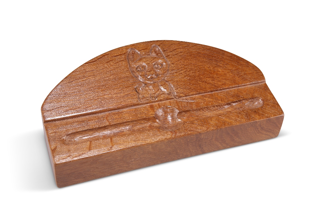 LYNDON HAMMELL, A CAT AND MOUSE MAN OAK PEN TRAY, the rectangular tray with sloping demi-lune top,