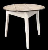 AN EARLY 19TH CENTURY OAK CRICKET TABLE, the circular top raised on a painted base with three