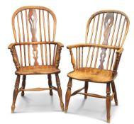 A NEAR PAIR OF YEW AND ELM WINDSOR ARMCHAIRS, 19TH CENTURY, each with high-back and ring-turned