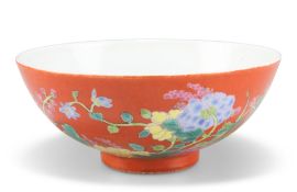 A CHINESE CORAL-GROUND ENAMELLED 'FLORAL' BOWL, circular, painted with clusters of Autumn