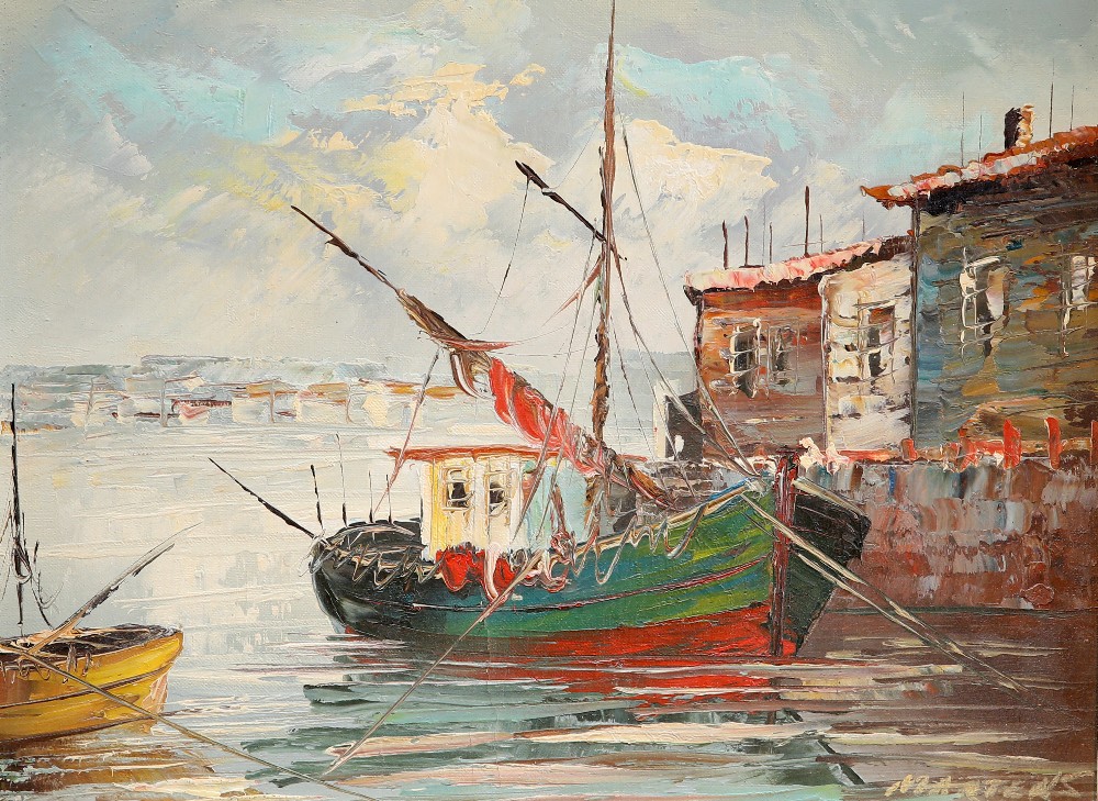 MARTENS (20TH CENTURY), MOORED FISHING BOATS, oil on canvas, signed lower right, framed. 29cm by