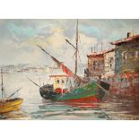 MARTENS (20TH CENTURY), MOORED FISHING BOATS, oil on canvas, signed lower right, framed. 29cm by