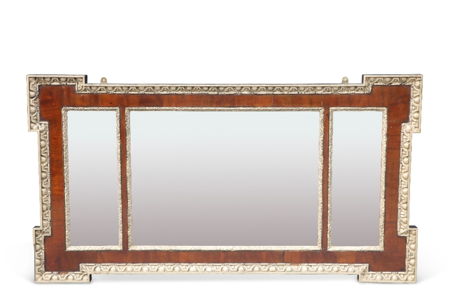 A 19TH CENTURY PARCEL-GILT MAHOGANY MIRROR, the rectangular frame with everted corners, housing