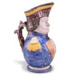 A FRENCH FAØENCE PUZZLE JUG, 19TH CENTURY,ÿmodelled and painted as a stern naval officer, his