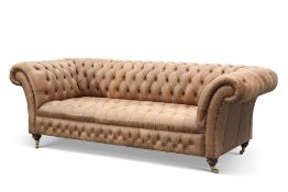 A GOOD VICTORIAN-STYLE DEEP-BUTTONED BROWN LEATHER CHESTERFIELD SOFA, with button back, seat and