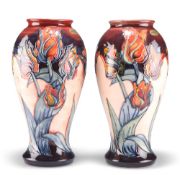 A PAIR OF MOORCROFT POTTERY LARGE VASES, of baluster form, tubelined and hand-painted with Sally