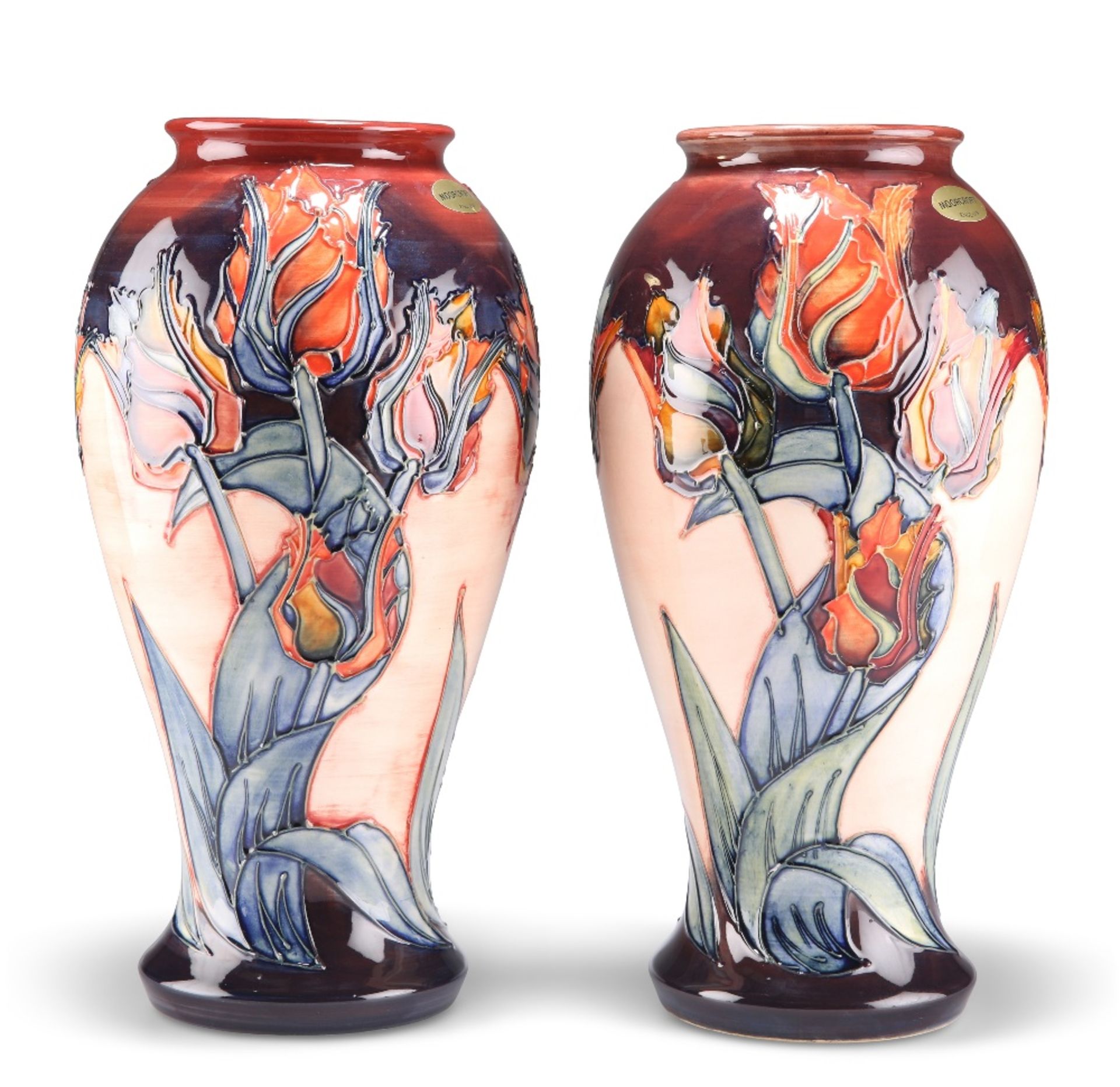 A PAIR OF MOORCROFT POTTERY LARGE VASES, of baluster form, tubelined and hand-painted with Sally