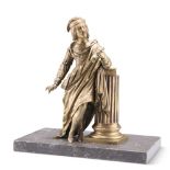 A BRONZE FIGURE OF A POET, cast standing beside a column, on a marble base. 28.5cm high