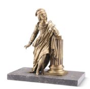 A BRONZE FIGURE OF A POET, cast standing beside a column, on a marble base. 28.5cm high