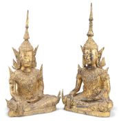 A PAIR OF GILDED METAL BRONZE FIGURES OF BUDDHA, THAI, 19TH CENTURY, in Rattanakosin style,