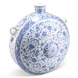 A MING-STYLE BLUE AND WHITE FLASK, BIANHU, of circular form with flat base and short cylindrical