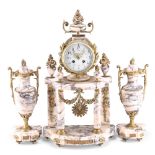 A 19TH CENTURY PINK VEINED MARBLE AND GILT BRASS CLOCK GARNITURE, with two-train movement,