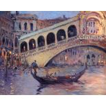 KEN MORONEY (1949-2018), THE RIALTO BRIDGE, signed lower left, oil on board, framed. 39cm by 49.5cm