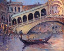 KEN MORONEY (1949-2018), THE RIALTO BRIDGE, signed lower left, oil on board, framed. 39cm by 49.5cm