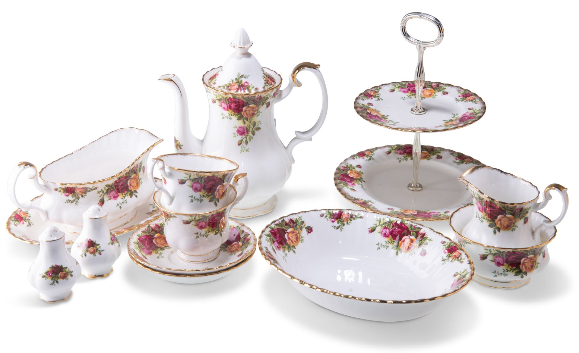 A ROYAL ALBERT OLD COUNTRY ROSES TEA AND DINNER SERVICE FOR SIX, comprising a teapot, milk jug and