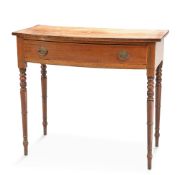 AN EARLY 19TH CENTURY MAHOGANY BOW-FRONT SIDE TABLE, with inlaid and crossbanded top above a