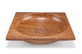 LYNDON HAMMELL, A CAT AND MOUSE MAN SQUARE OAK DISH, with circular well to the centre, on a narrow