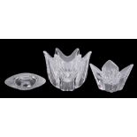 THREE PIECES OF ORREFORS ART GLASS, comprisingÿA LARS HELLSTON DISCUS TEA LIGHT HOLDER, 5cm by 14cm;