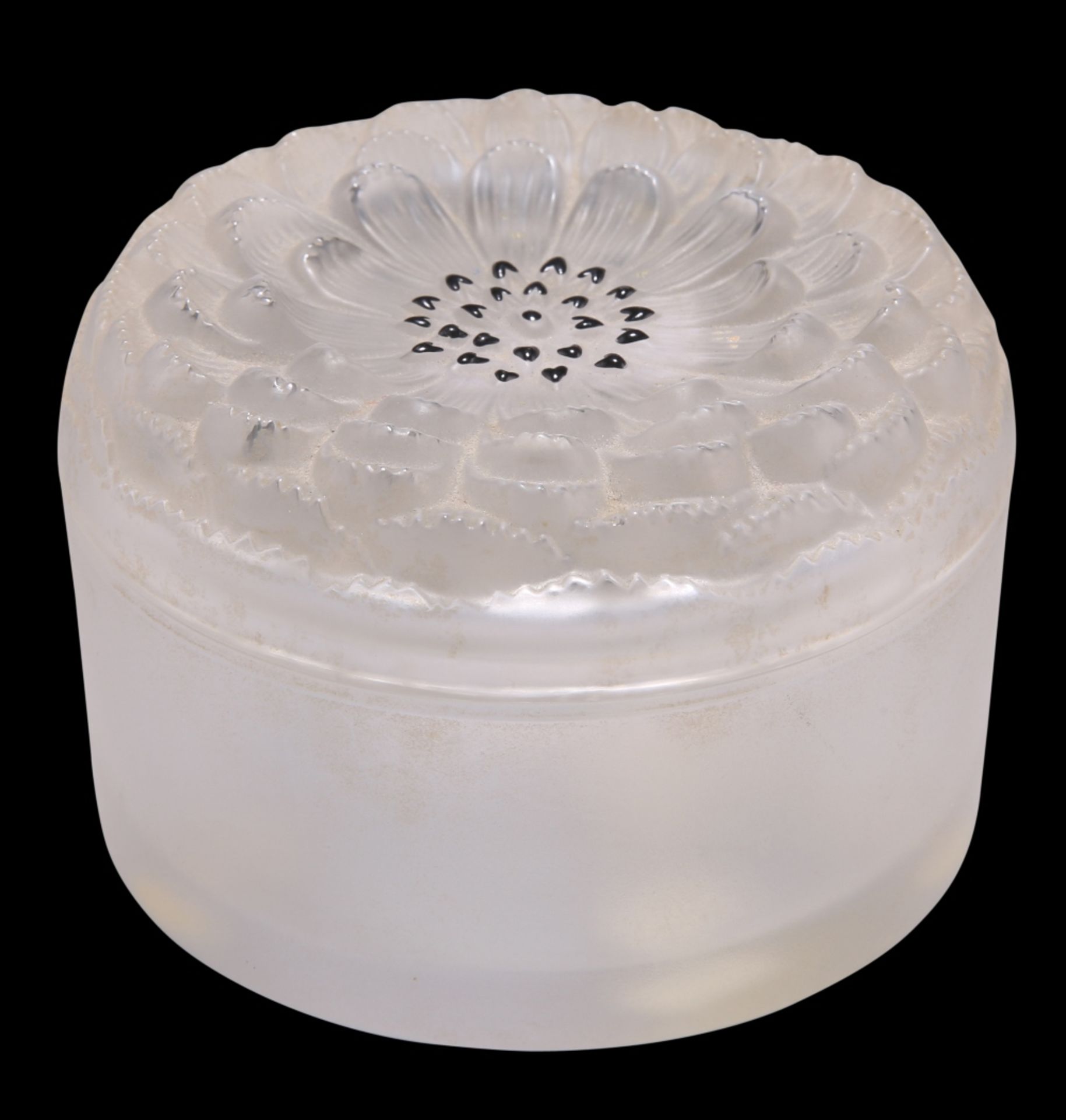 LALIQUE, A 'DAHLIA' CIRCULAR BOX AND COVER, frosted glass with black enamel decoration, etched '