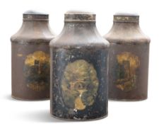 A SET OF THREE 19TH CENTURY TâLE TEA CANISTERS, each with faceted shoulder and dome-top, decorated