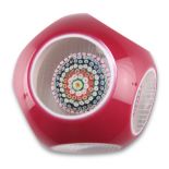 A LARGE MURANO FACETED DOUBLE OVERLAY SIX ROW CONCENTRIC MILLEFIORI PAPERWEIGHT, in red and white