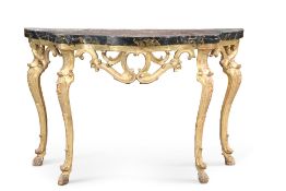 A 19TH CENTURY GILTWOOD AND FAUX MARBLE CONSOLE TABLE, the shaped painted top above a pierced
