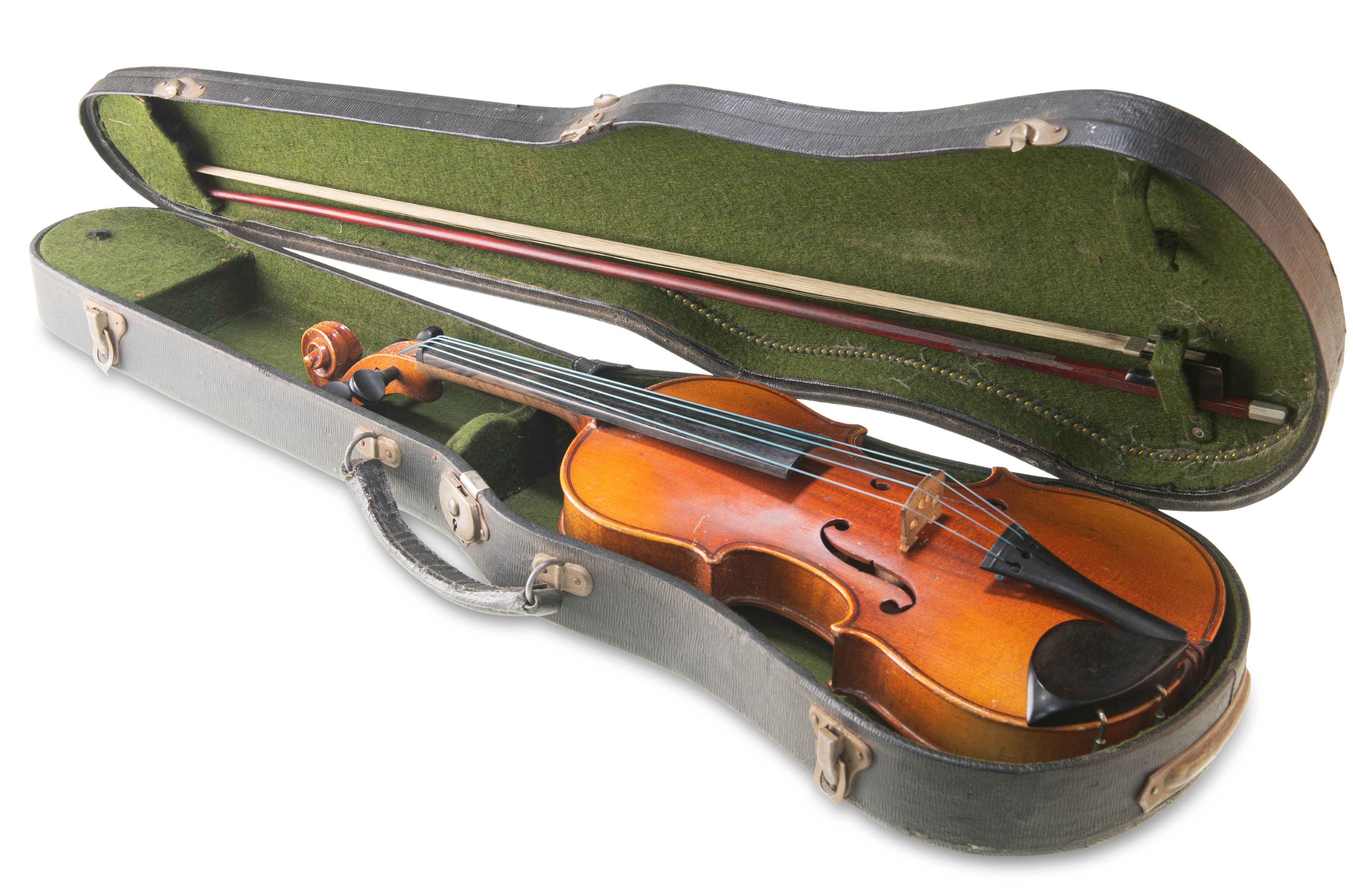 A 1/2 SIZED VIOLIN,ÿwith two-piece back, figured neck and scroll, with ebonised pegs, fingerboard,
