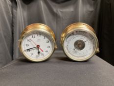 A SCHATZ QUARTZ BULKHEAD-TYPE WALL CLOCK AND BAROMETER