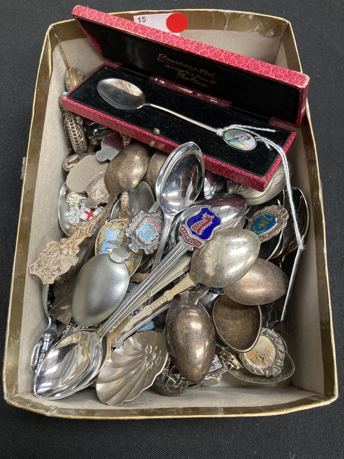 A silver and enamel teaspoon, etc.