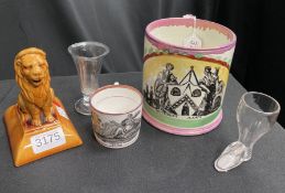 A 19TH CENTURY TREACLE GLAZED POTTERY LION, SUNDERLAND CUPS AND TWO GLASSES