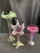 THREE LATE VICTORIAN VASELINE GLASS 'JACK IN THE PULPIT' VASES