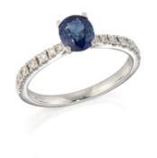 AN 18 CARAT WHITE GOLD SAPPHIRE AND DIAMOND RING