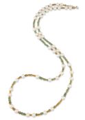 A CULTURED PEARL, GREEN KYANITE AND ORANGE SAPPHIRE NECKLACE