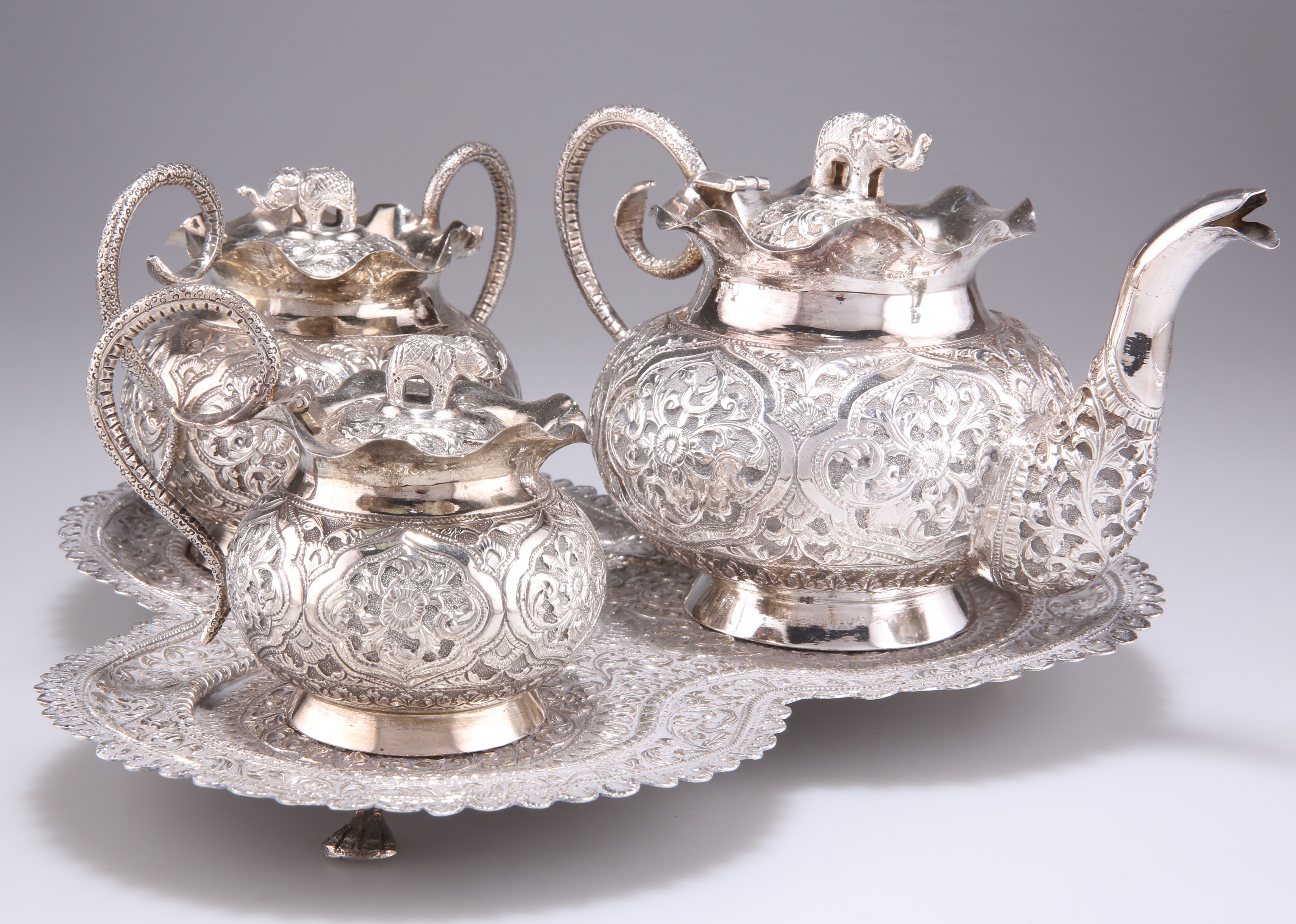 AN INDIAN SILVER THREE-PIECE TEA SERVICE AND TRAY, PROBABLY KASHMIR - Image 2 of 2