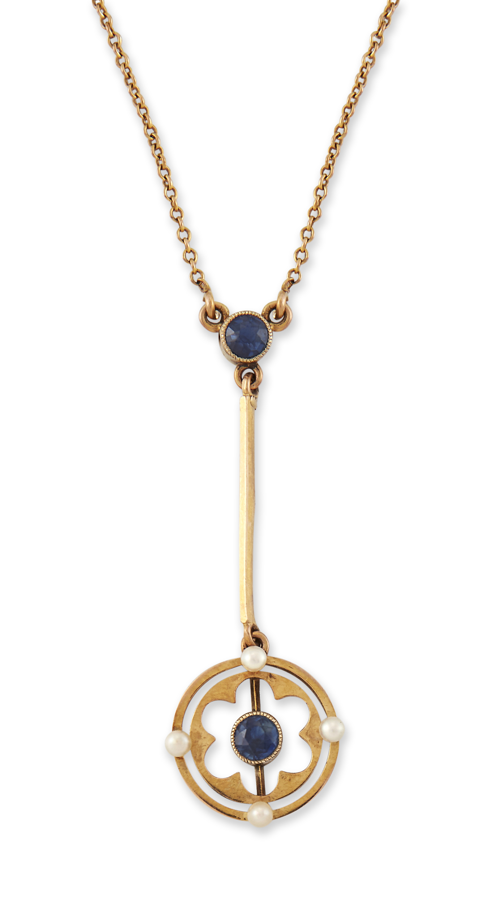 A SAPPHIRE AND SEED PEARL PENDANT NECKLACE