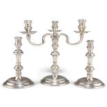 AN ELIZABETH II SILVER MINIATURE CANDELABRA AND A PAIR OF CANDLESTICKS