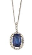 A SAPPHIRE AND DIAMOND CLUSTER PENDANT ON CHAIN