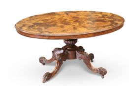 A VICTORIAN BURR WALNUT OVAL LOO TABLE