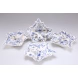 A SET OF FOUR GERMAN BLUE AND WHITE PORCELAIN LEAF SHAPED PICKLE DISHES